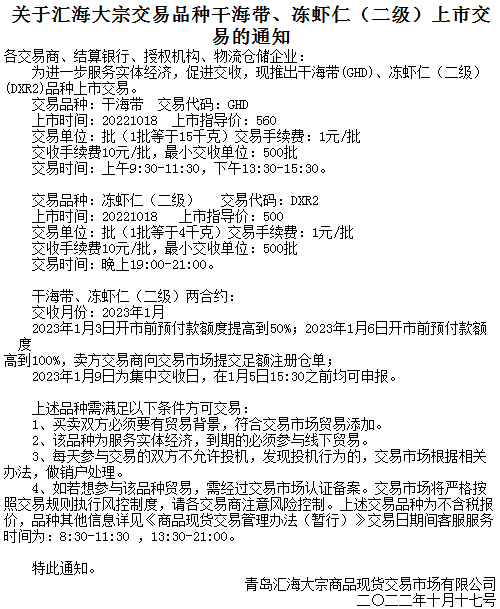 九龙湖商品关于购销品种干海带、冻虾仁（二级）上市的通知