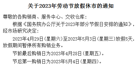 北方生态现货2023年劳动节放假通知