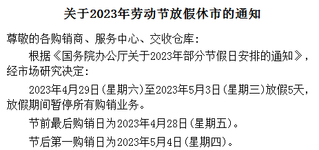 天元农商现货2023年劳动节放假通知